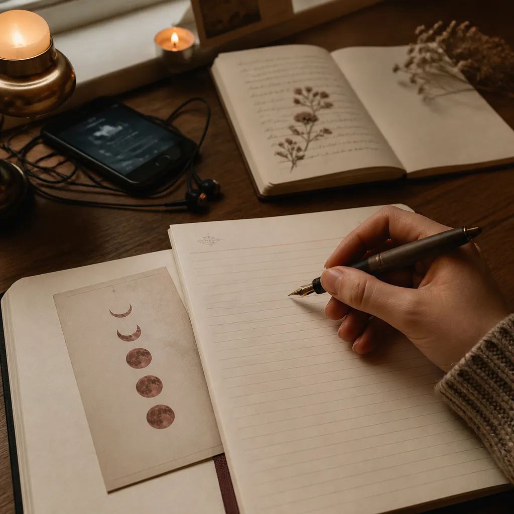 Hand writing intention beside headphones and moon card