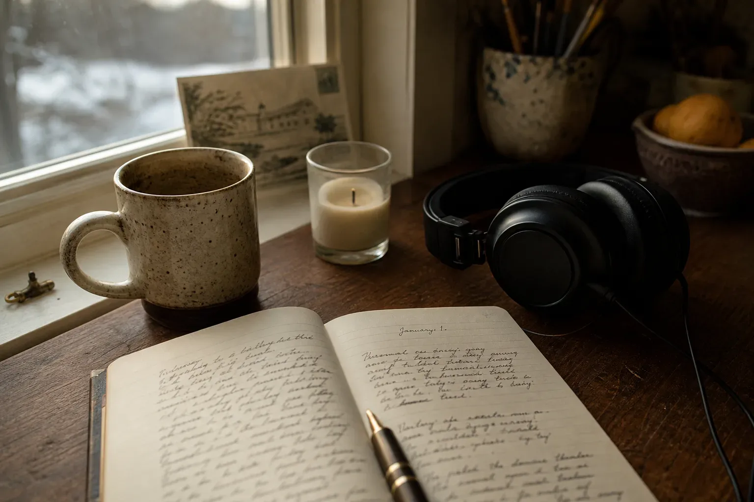 Journal, headphones, and candle on winter desk