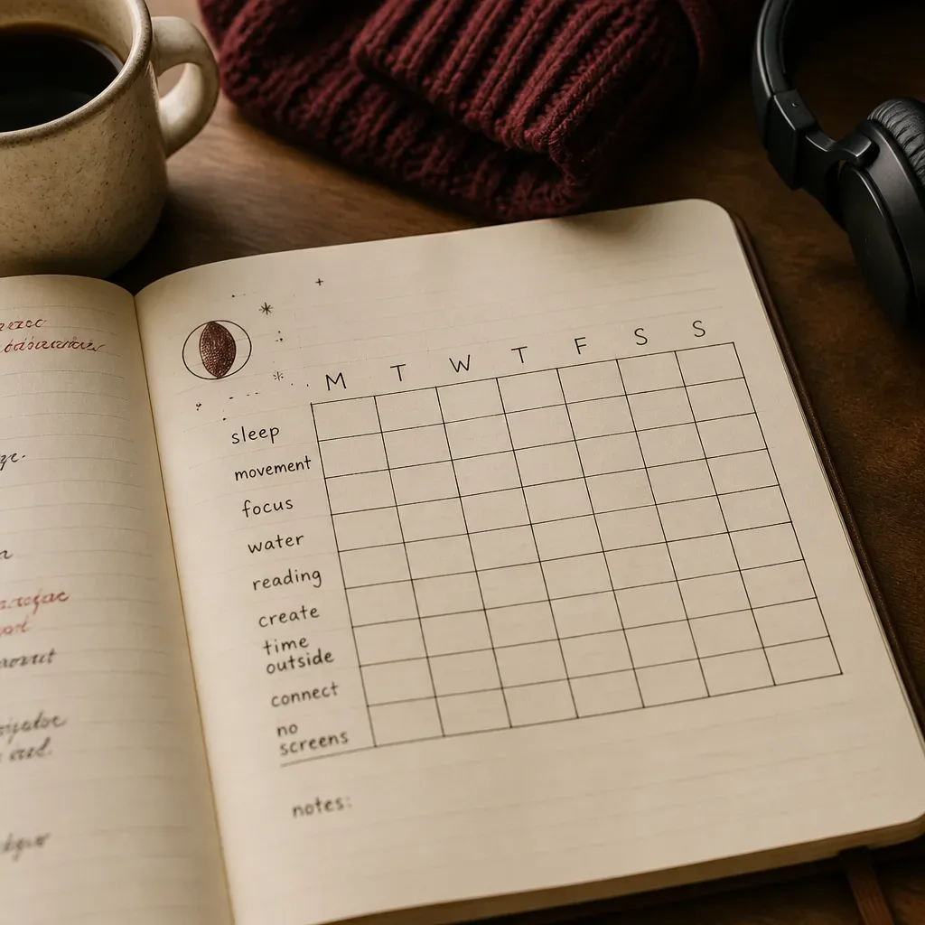 Seven-day ritual tracker beside headphones