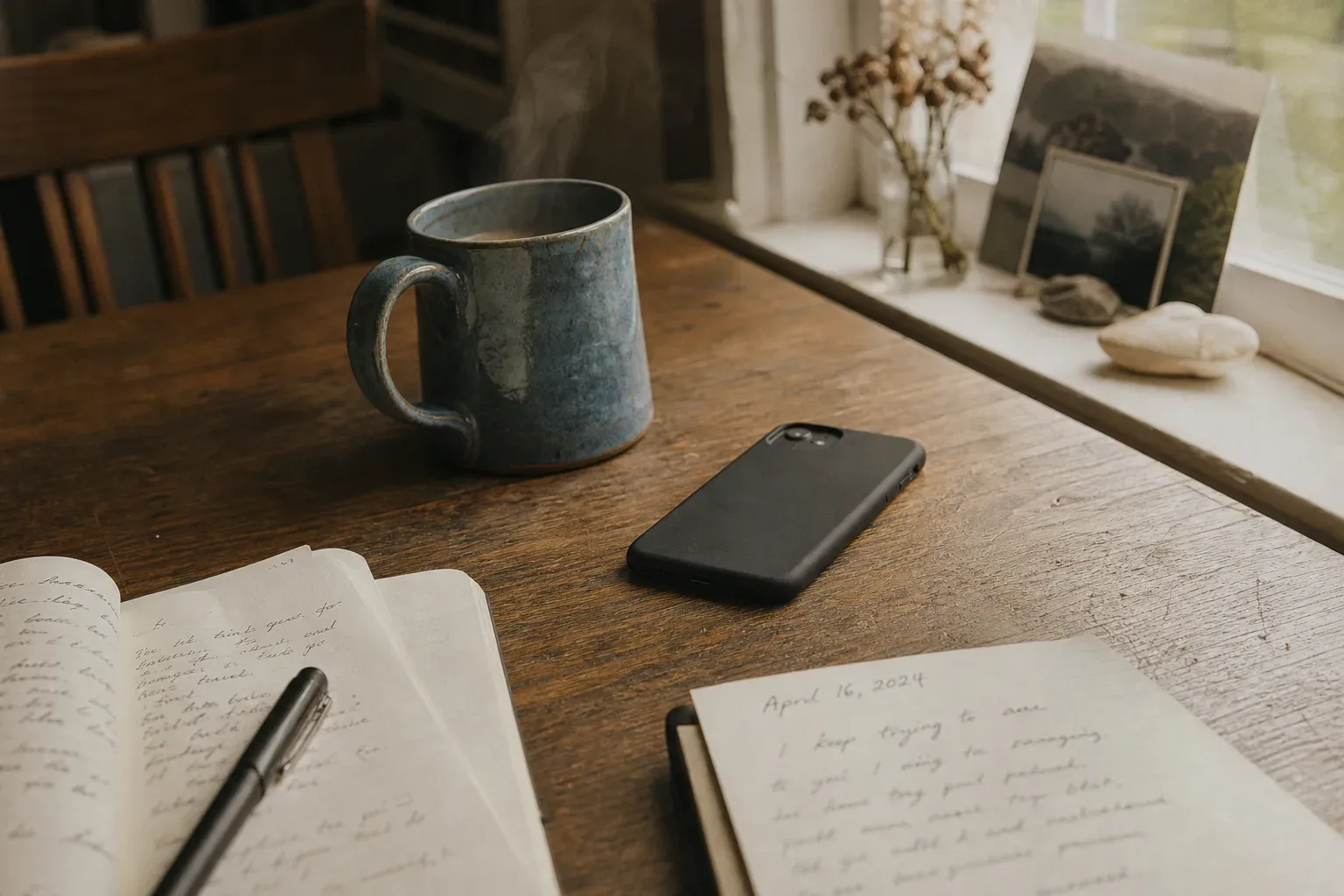Phone face down beside morning coffee
