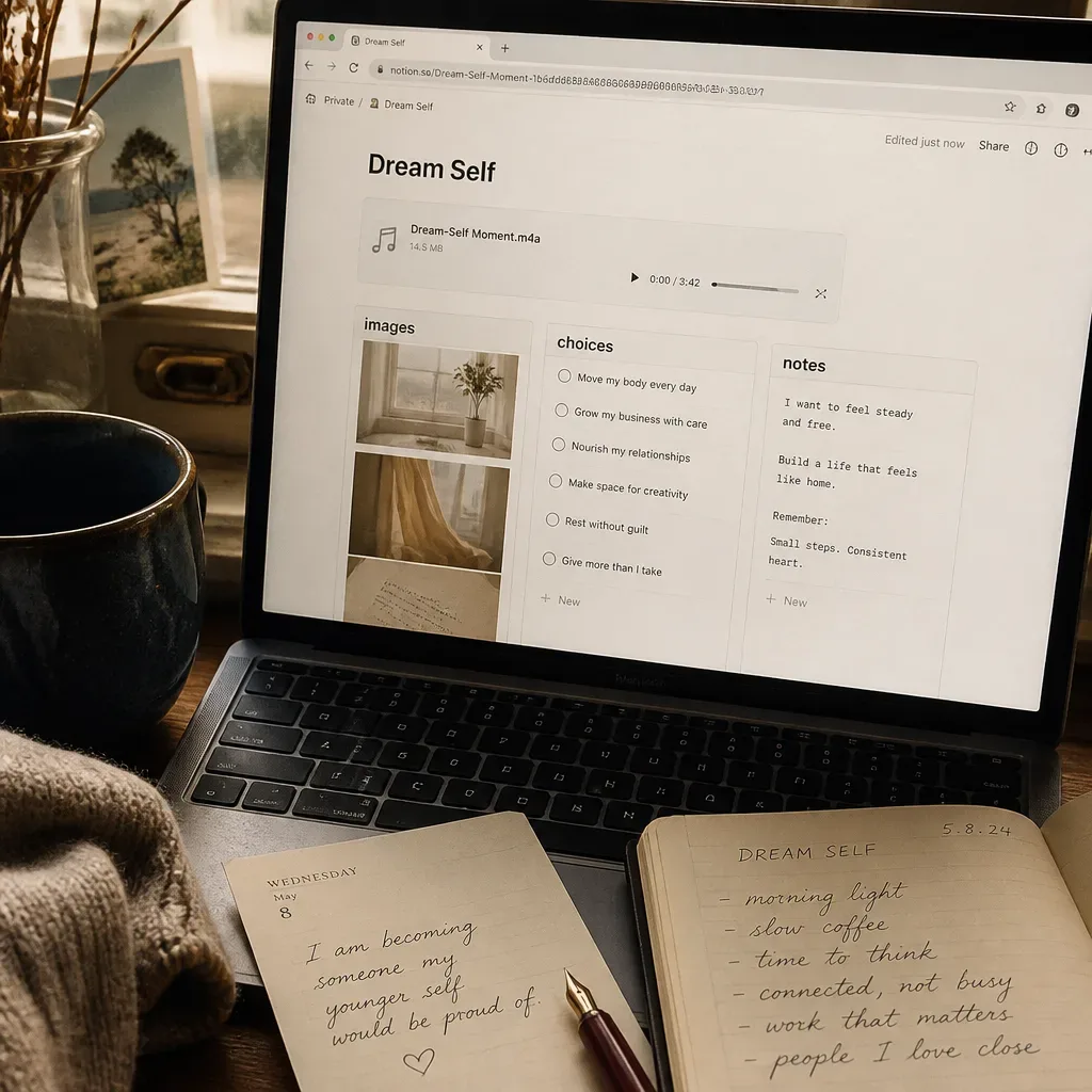 Notion-Seite mit Audio und Vision-Board-Spalten