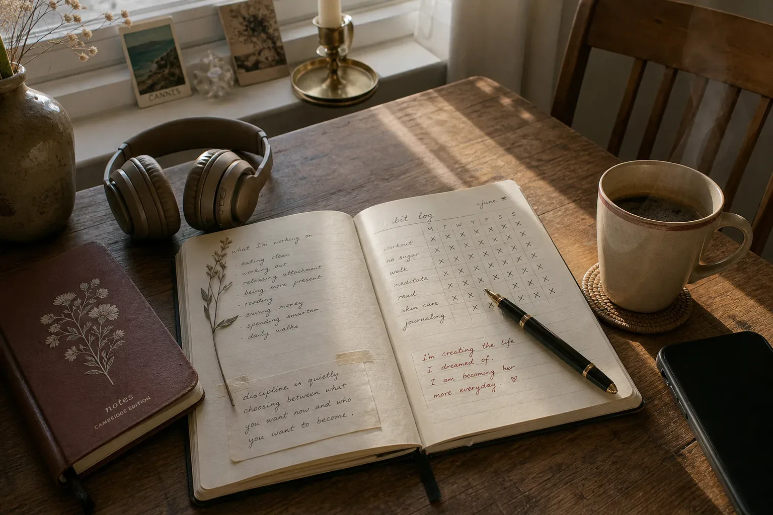 Morning journal beside headphones and a cooling mug