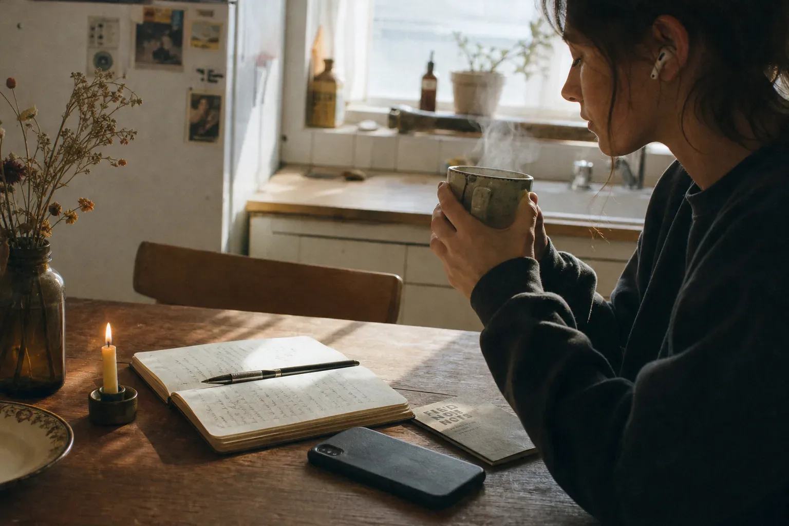 Person listening to audio beside a morning window