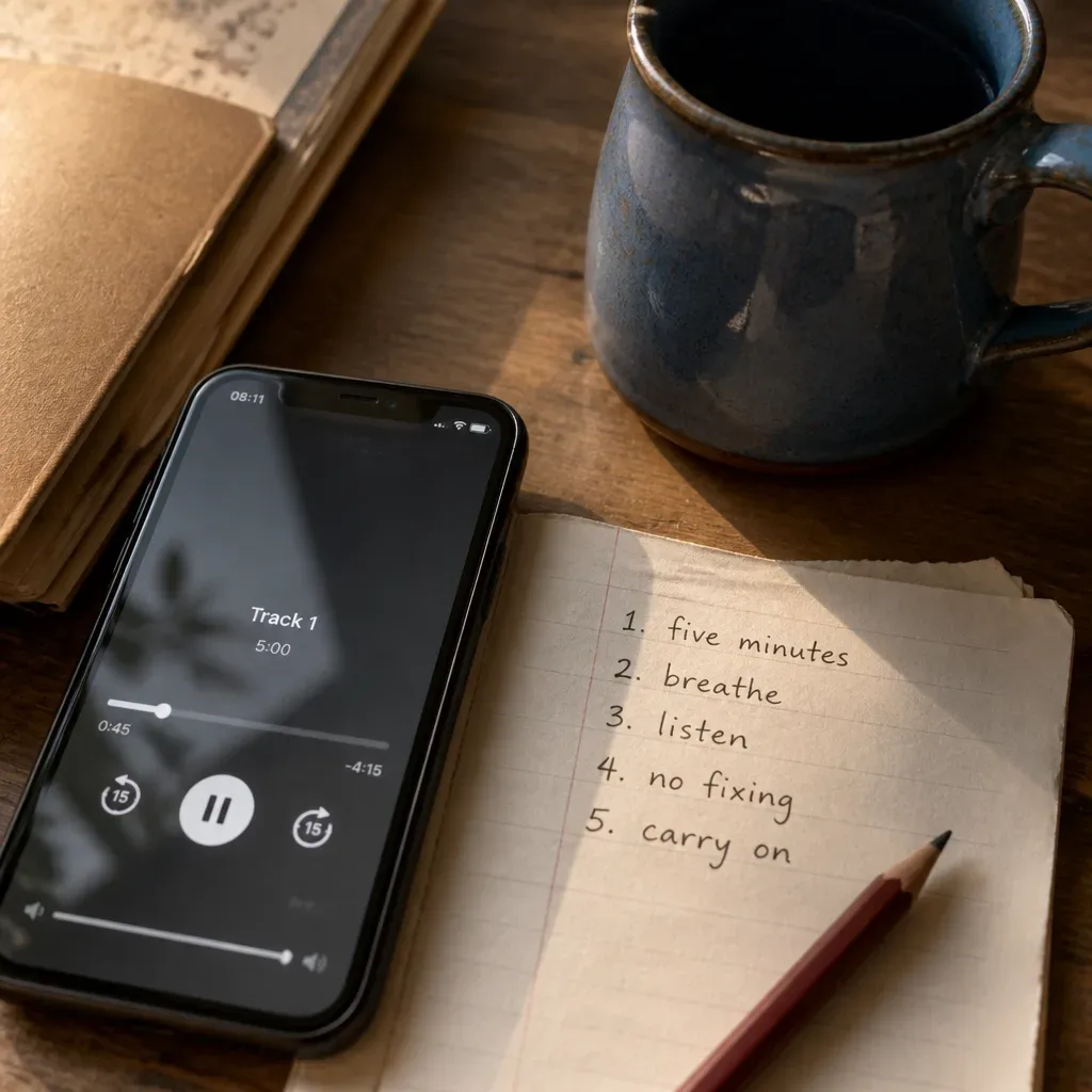 Phone and mug set for five-minute audio practice