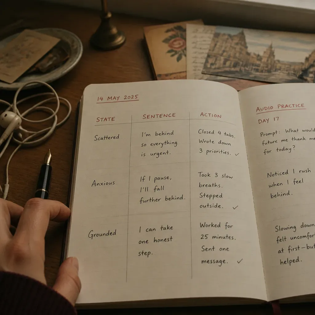 Notebook tracking state, sentence, and next action