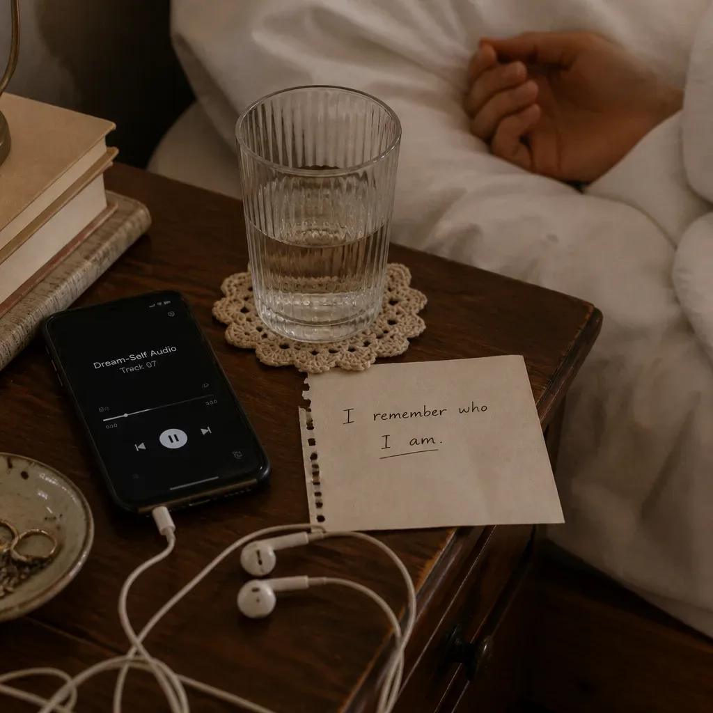 Handy spielt Dream-Self-Audio neben einem Notizbuch ab