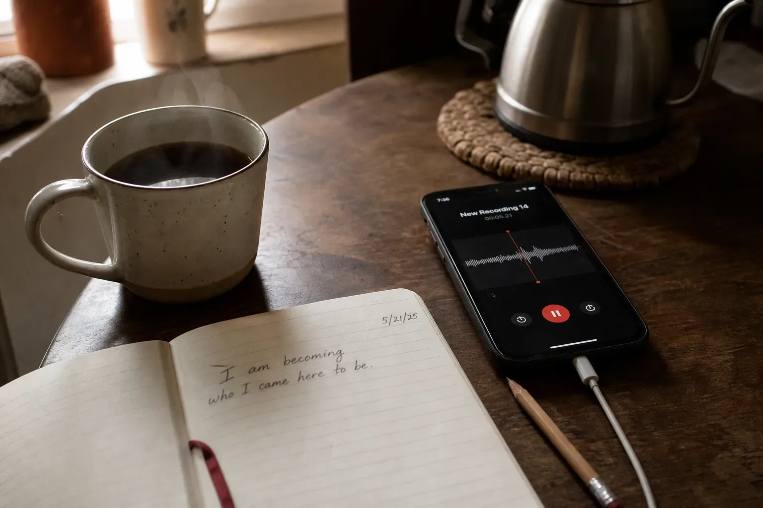 Phone recording affirmations beside coffee and notebook