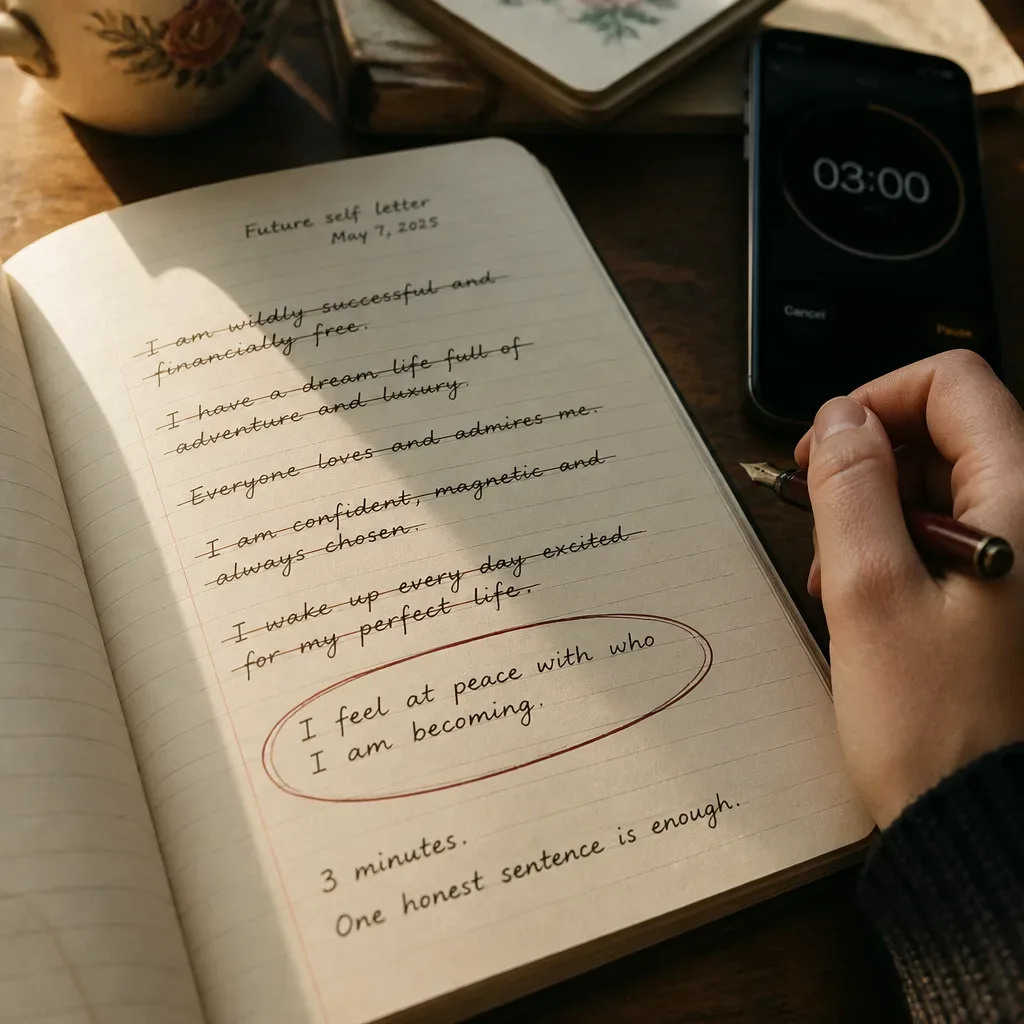 Halaman buku catatan yang memilih satu kalimat diri masa depan
