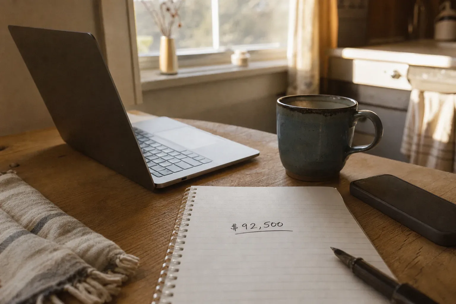 Notizbuch und Kaffee vor einem Call zur Gehaltsverhandlung
