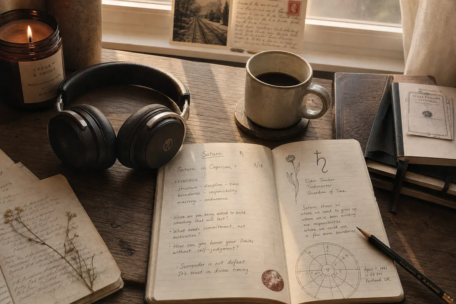 Scrivania silenziosa con cuffie e un diario di astrologia aperto
