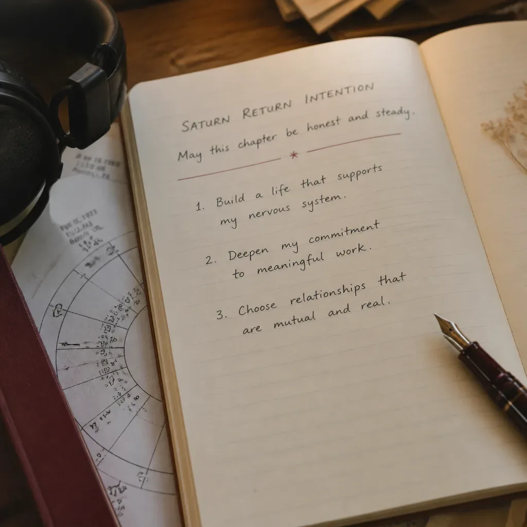Handwritten Saturn intention beside headphones and chart notes