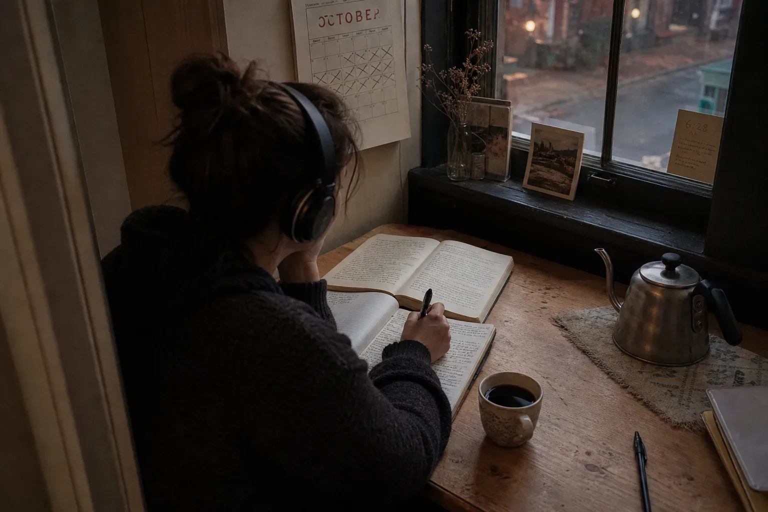 Person listening beside a dark autumn window