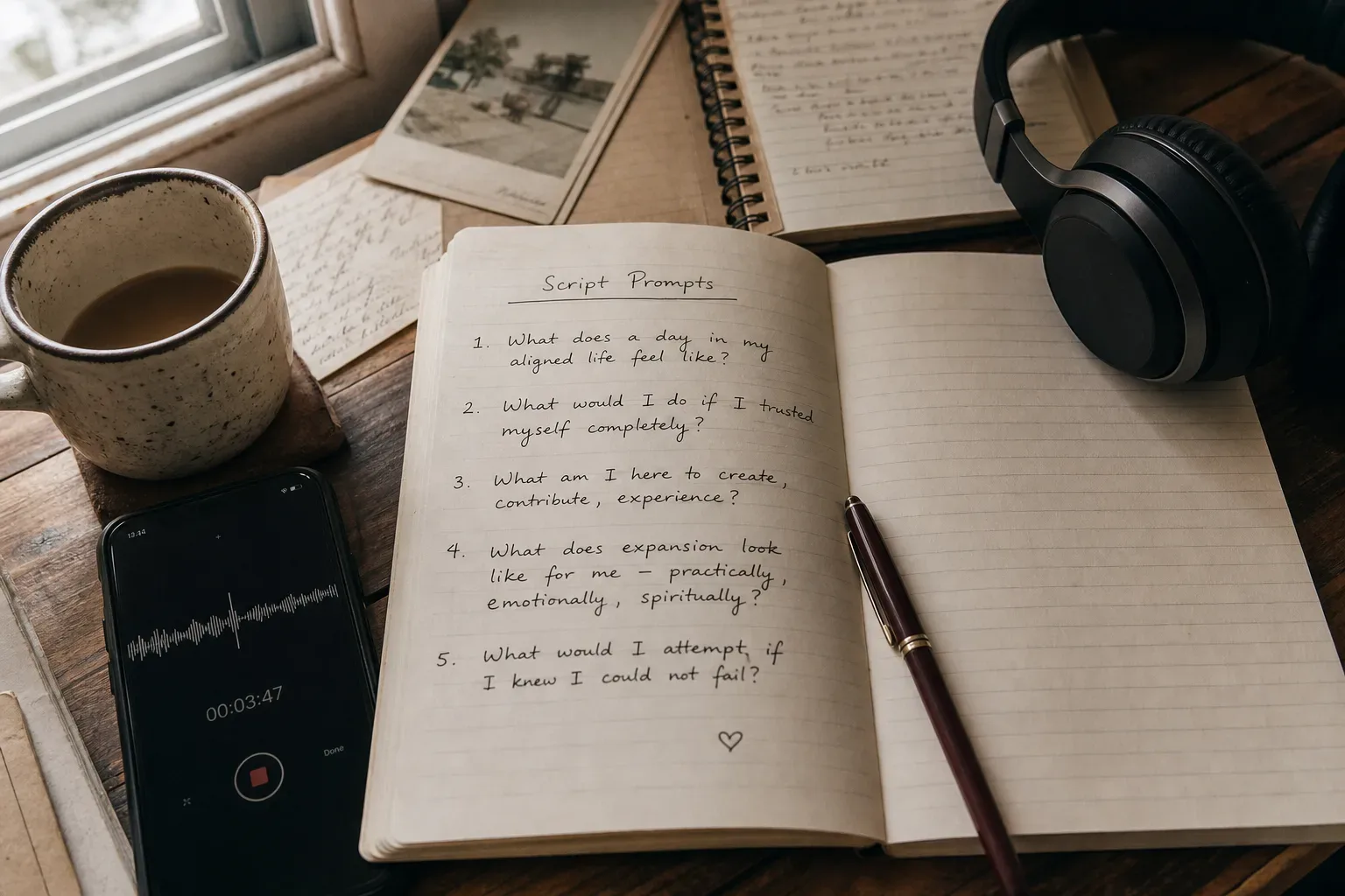Notebook and headphones beside a morning coffee