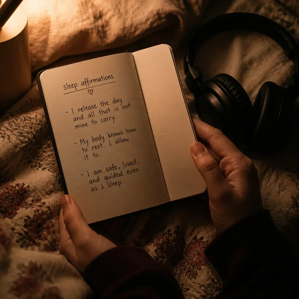 Notebook with sleep affirmations beside headphones