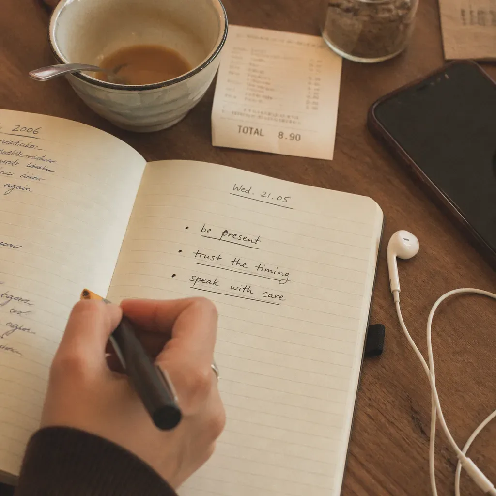 Hand writing comparison reset notes beside phone