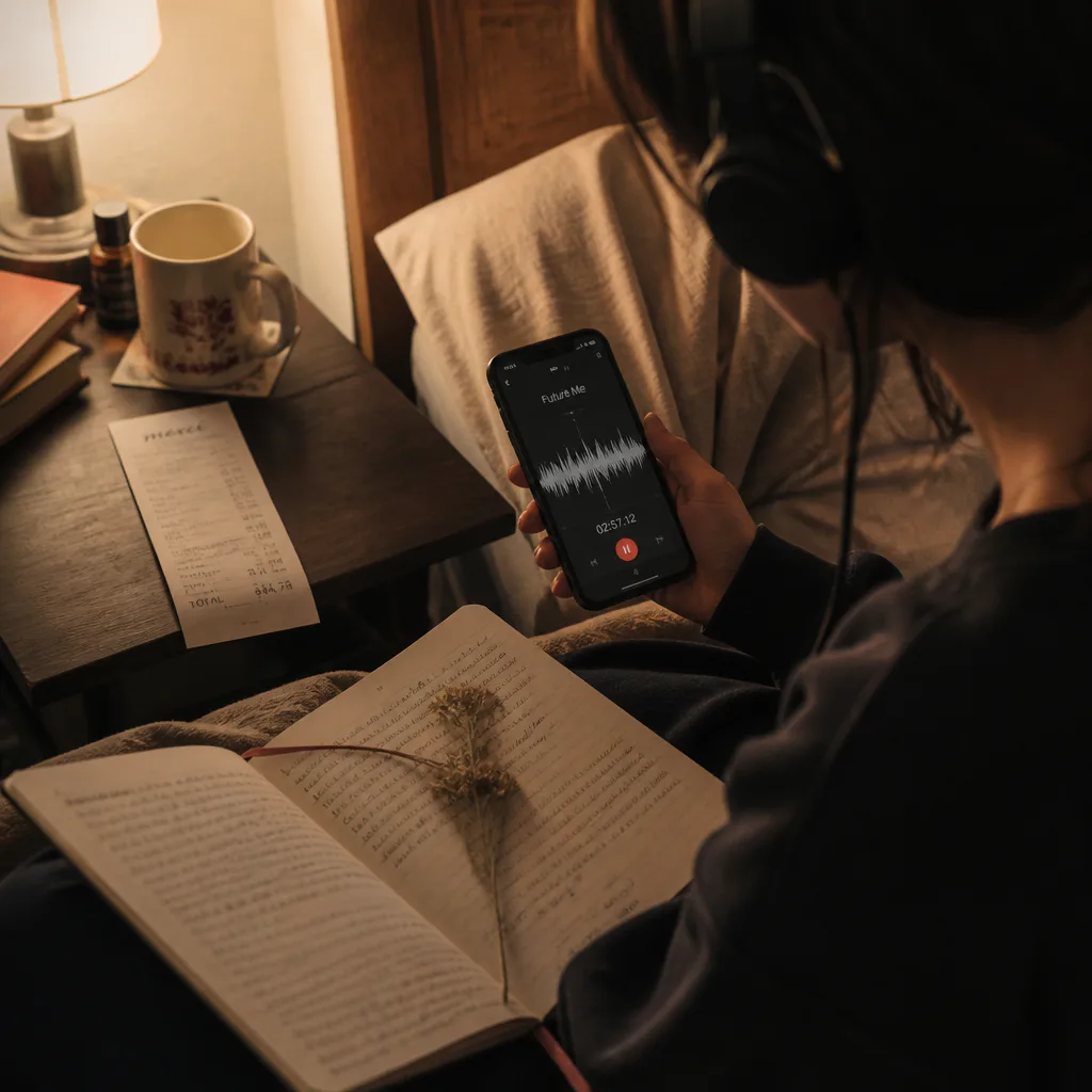 Persona escuchando audio junto a un recibo