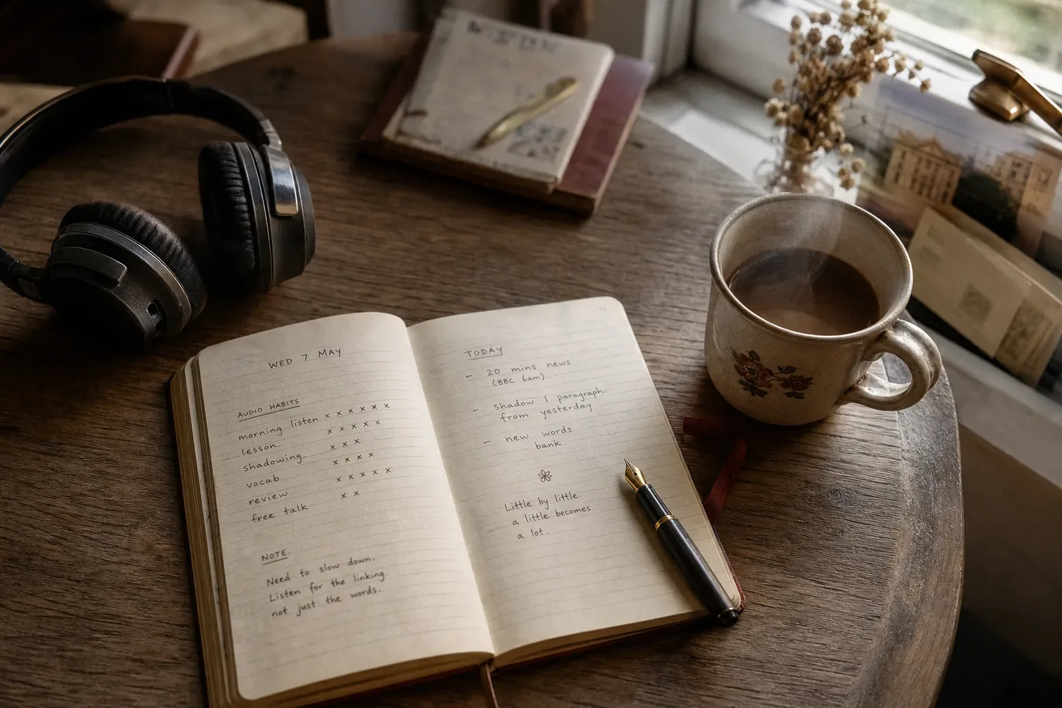 Quaderno accanto a cuffie e una tazza del mattino