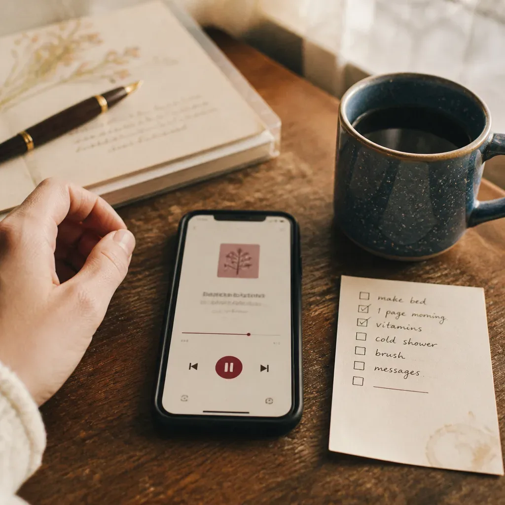 Audio sul telefono accanto a una tazza e a una checklist del mattino
