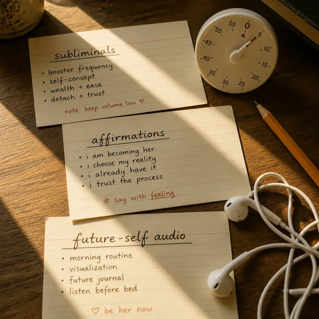 Tarjetas de comparación escritas a mano junto a audífonos y temporizador