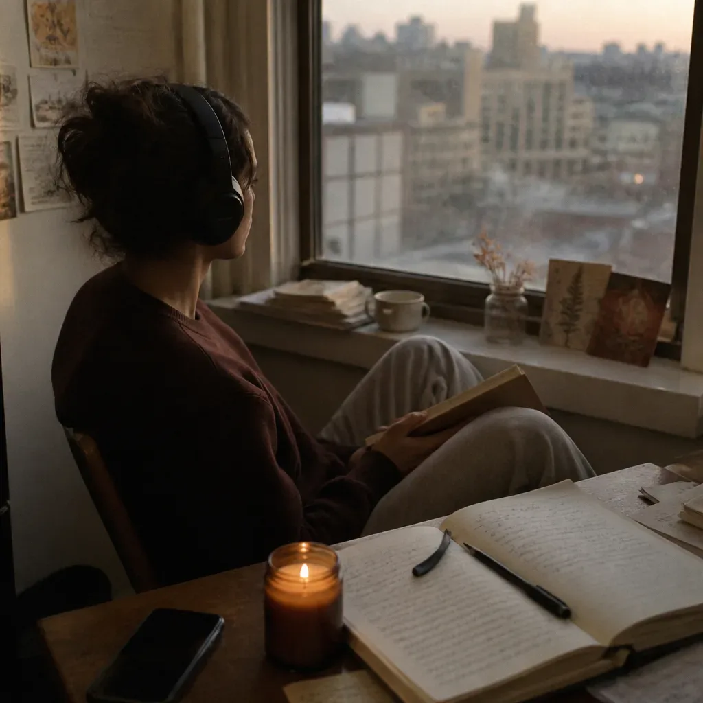 Persona escuchando con un cuaderno junto a una ventana de la ciudad