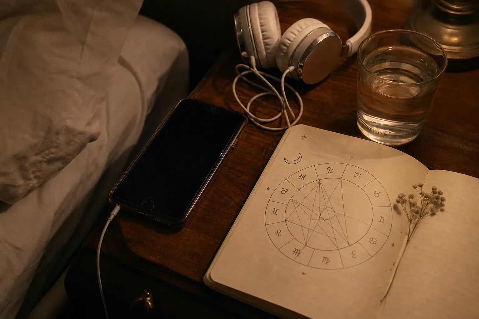 Quarto silencioso com fones de ouvido e um caderno de astrologia aberto