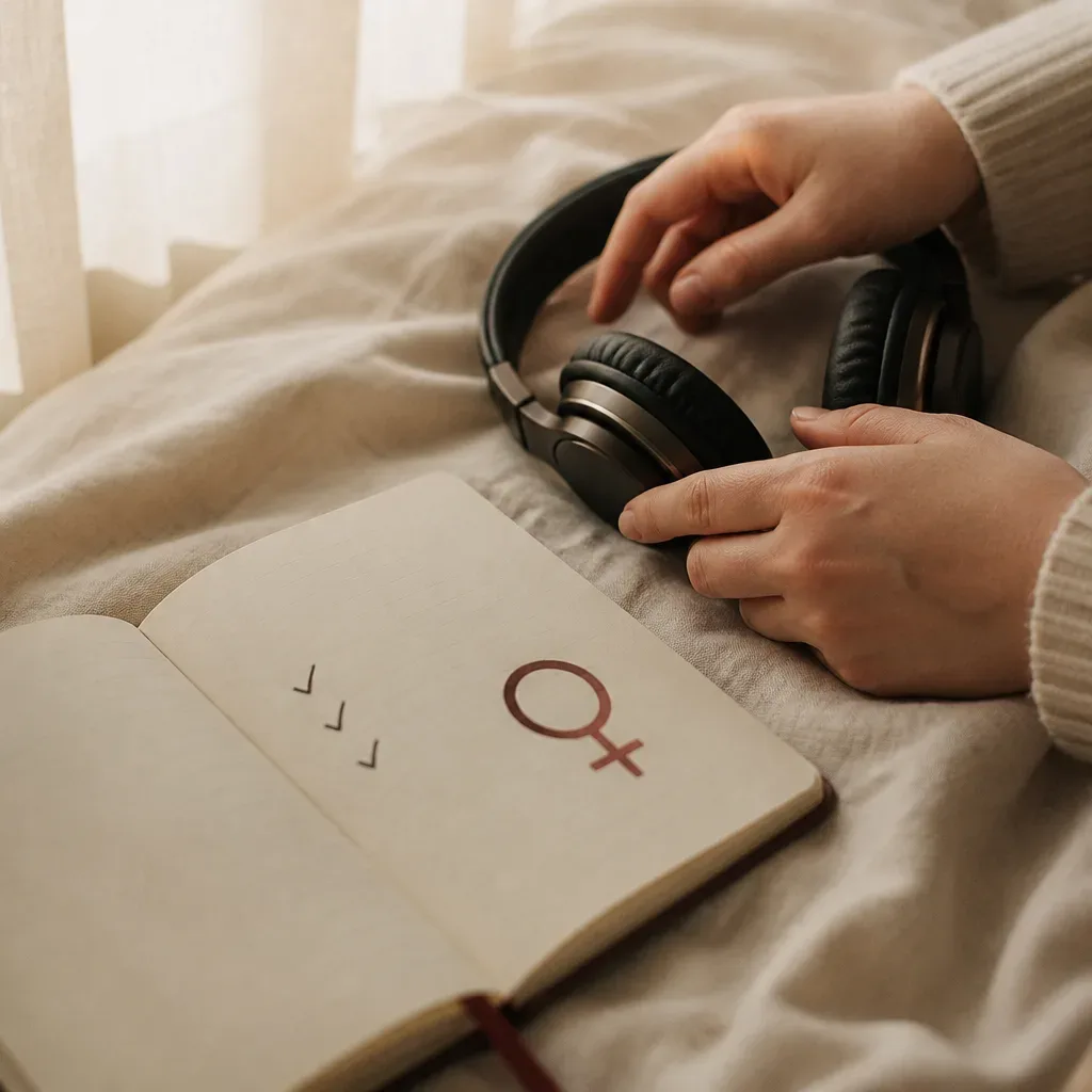 Headphones and journal prepared for a listening ritual