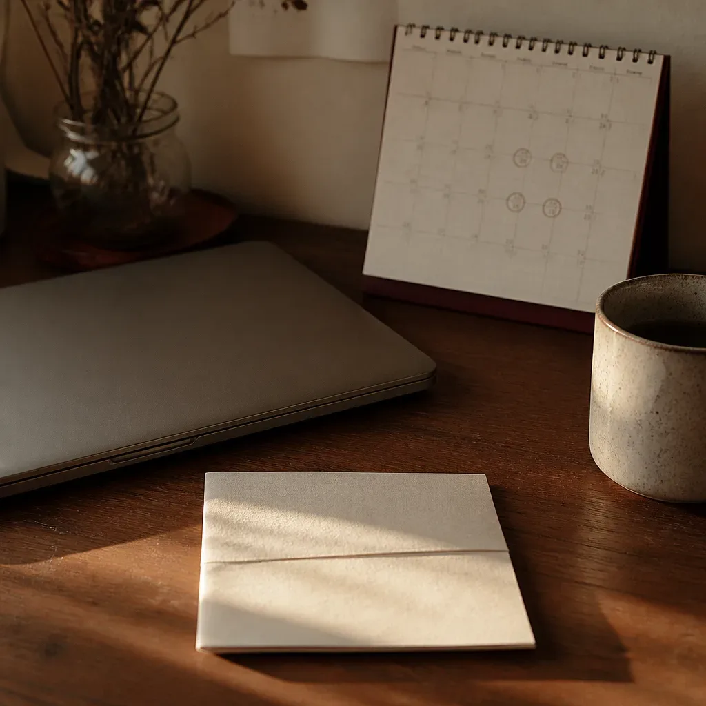 Folded note and calendar on a quiet desk