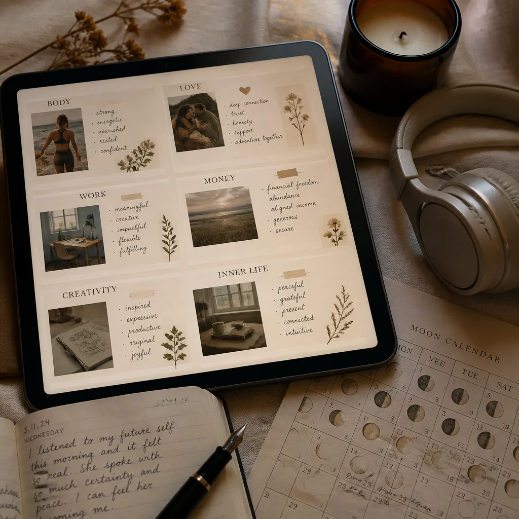 Bảng tầm nhìn trên máy tính bảng cạnh tai nghe và lịch mặt trăng
