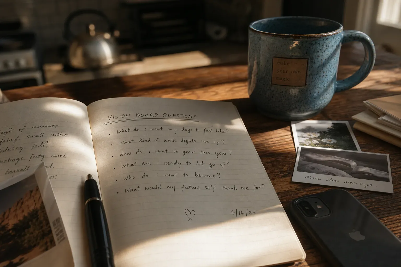 Caderno ao lado de café com anotações de quadro de visão