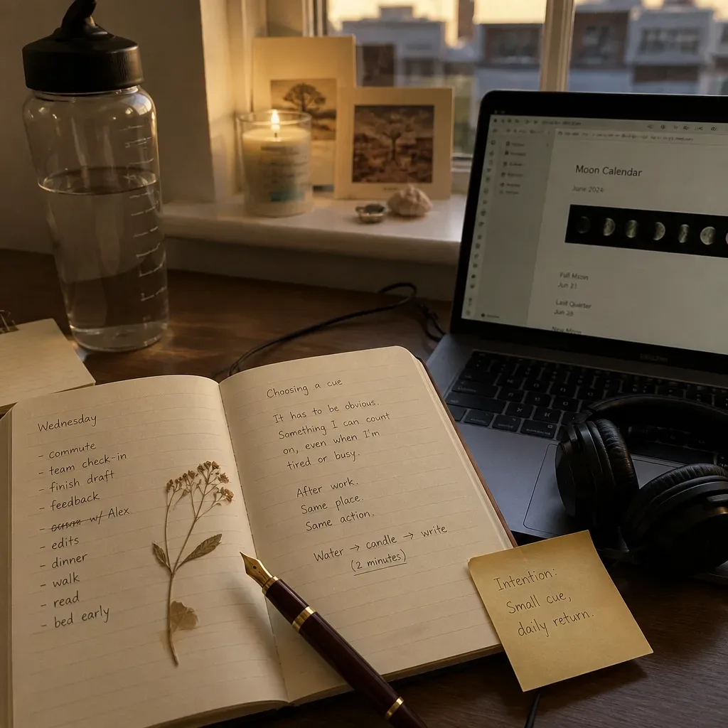 Water bottle and headphones on a quiet work desk