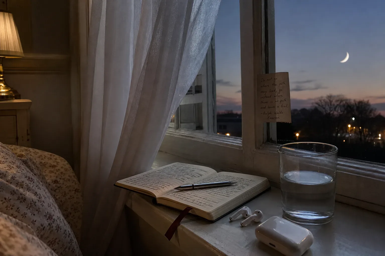 Luna crescente sopra un tranquillo rituale accanto al letto