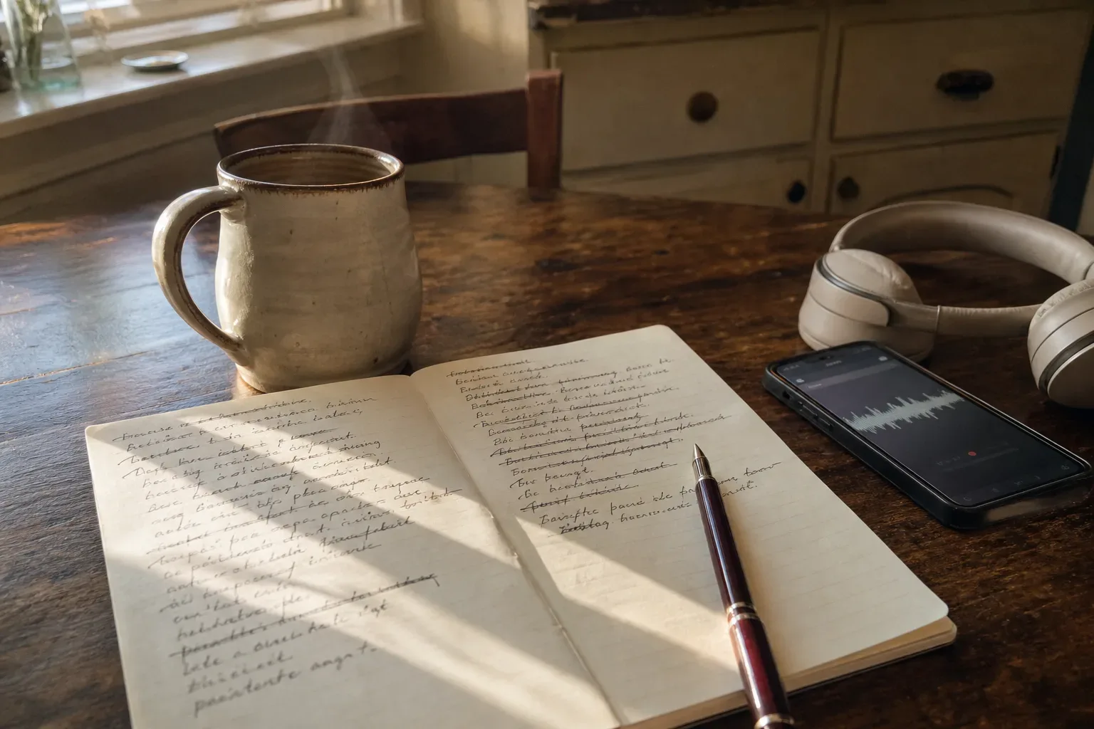 Jurnal dan headphone di samping kopi pagi