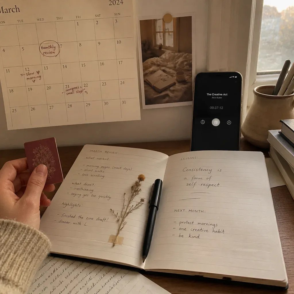 Monthly goal review beside audio practice