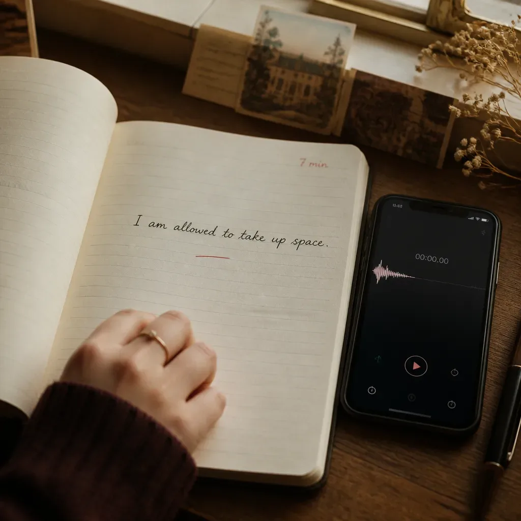 Notebook with one whisper sentence beside audio
