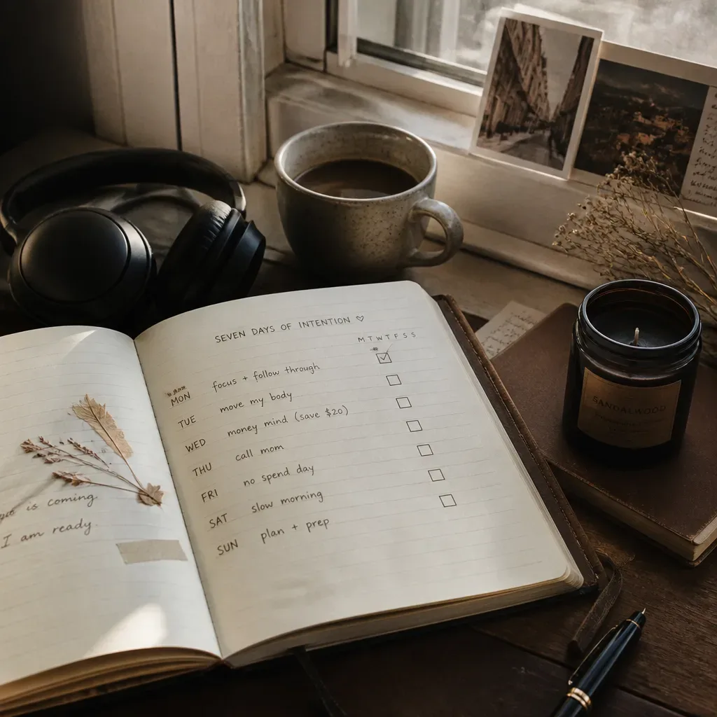 Quaderno del mattino con cuffie e caffè